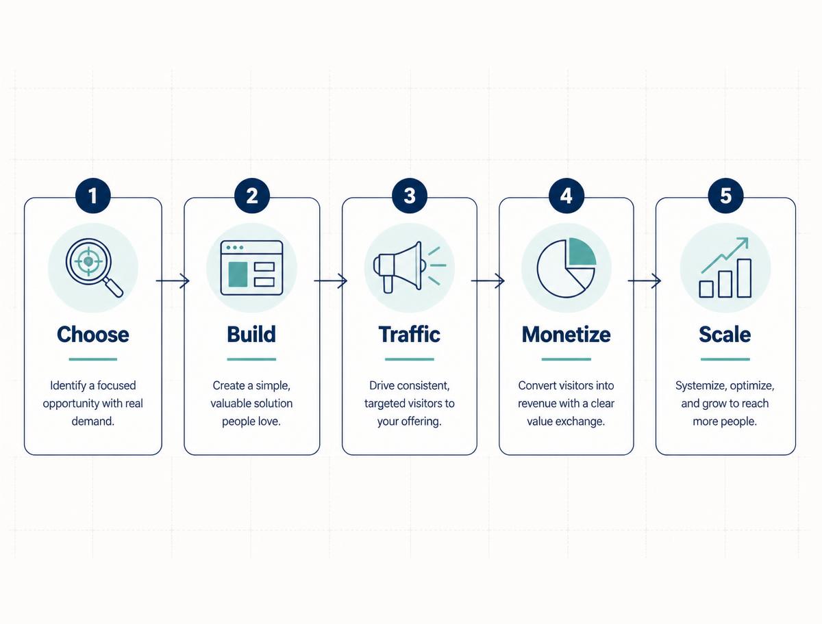 Diagram of the five-stage SideIncomeStrategies framework: choose, build, traffic, monetize, scale